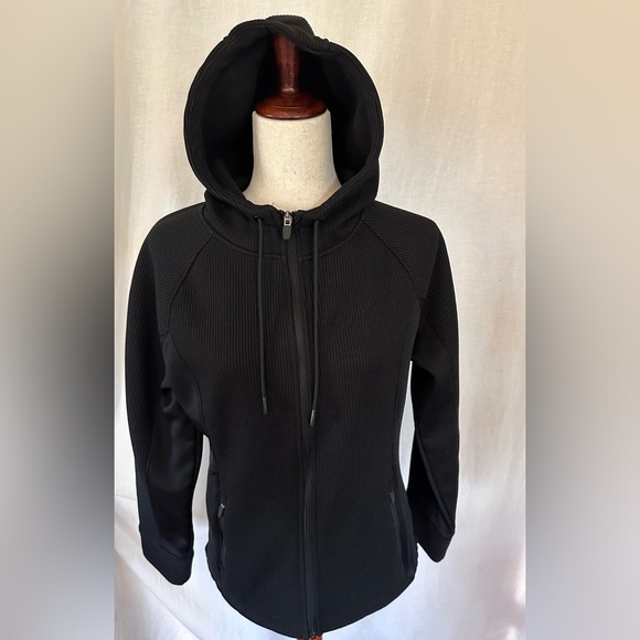 Swiss Tech Waffle Knit Tech Fleece Pockets Black Full Zipper Hooded Jacket - Picture 1 of 9
